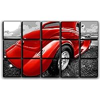 X-Large 15 Piece Hot Rod Wall Art Decor Picture Painting Poster Print on Canvas Panels Pieces - Vintage Car Theme Wall Decoration Set - Classic Car Wall Picture for Showroom Office 30 by 50 in