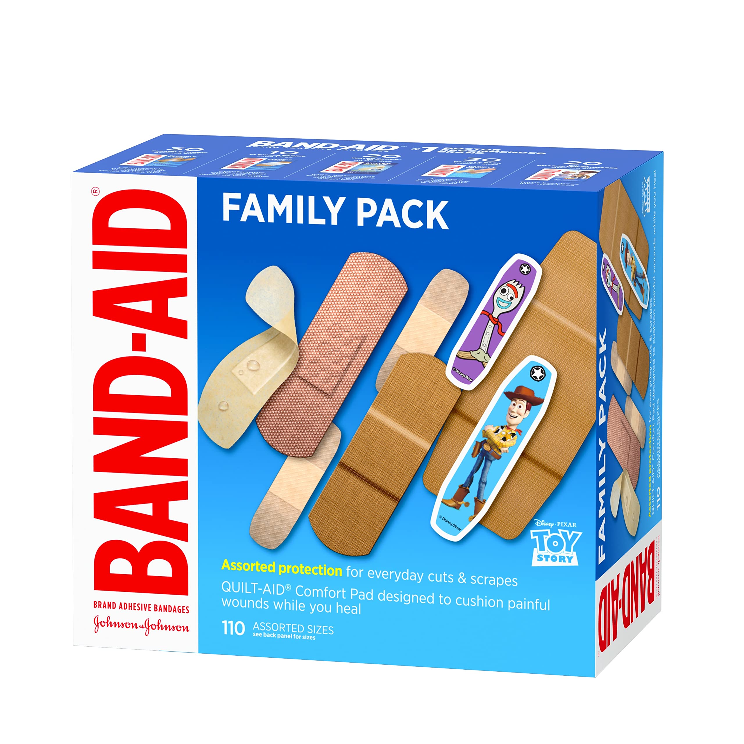 Band-Aid Adhesive Bandage Family Variety Pack in Assorted Sizes Featuring Water Block & Skin Flex, Flexible Fabric, Tough Strips & Pixar Character Bandages, 110 Count