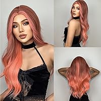 Black Mix Pink Women Wig With Bangs, Long Fluffy Curly Wavy Hair Wigs For Woman, Heat Friendly Synthetic Daily Cosplay Wigs For Girl,24 Inches