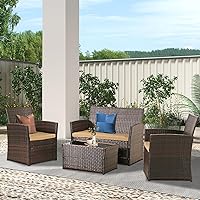 4 Piece Patio Furniture Set, Outdoor Wicker Conversation Sets with Cushion, Rattan Sofa Chair for Backyard Lawn Garden (Brown Wicker/Brown Cushion)