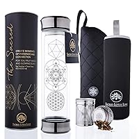 Sacred Lotus Love Double-Walled Glass Tea Infuser Bottle - Portable Travel Mug with Strainer and Sleeve for Loose Leaf Tea, Coffee, Smoothies - Insulated Tumbler with Lid for Hot and Iced Beverages