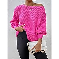 Women's Sweater Solid Drop Shoulder Sweater Women's Loose Fit Pullover Boat Neck Long Sleeve Sweater Sweater for Women (Color : Hot Pink, Size : Medium)