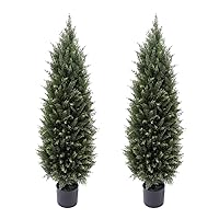 4ft(48”) Artificial Cedar Outdoor Artificial Shrub Sunlight Resistant Leafy Potted Plant for Indoor Porch of Home and Office Artificial Outdoor Tree 2 Pieces a Set Topiary Trees