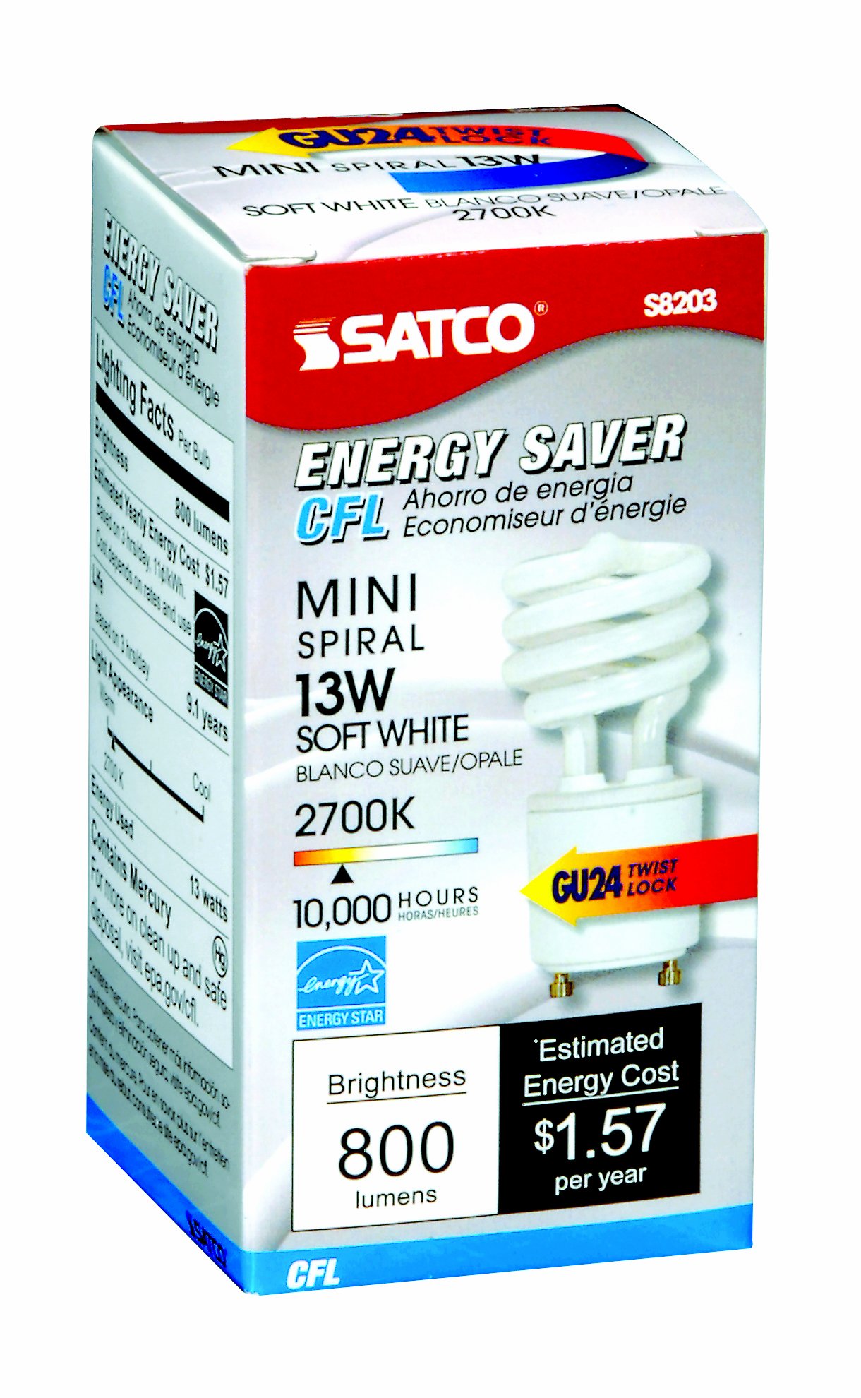 Satco S8203 13 Watt (60 Watt) 800 Lumens Mini Spiral CFL Soft White 2700K GU24 Base Light Bulb,2700K Soft White