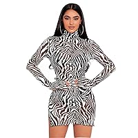 Zebra Striped High Neck Mesh Bodycon Dress Without Lingerie