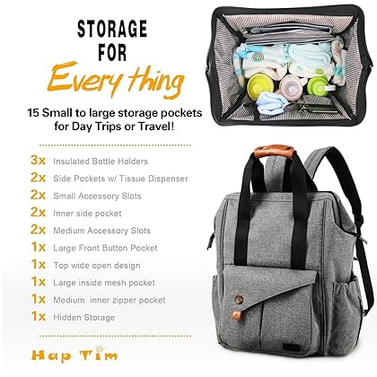 Hap Tim Multi-function Baby Diaper Bag Backpack Stroller Straps- Insulated Pockets- Changing Pad Included, Nylon Fabric Large Capacity Waterproof Nappy Changing Bag for Moms & Dads, Gray(5279-G)