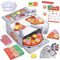 Wooden Pizza Toy 50pcs Toddler Pizza Counter Playset Kids Pretend Play Kitchen Accessories with Play Food, Bake Oven, Chef Role Play Set Xmas Birthday Gift for 3 4 5 6 Year Old Boys Girls