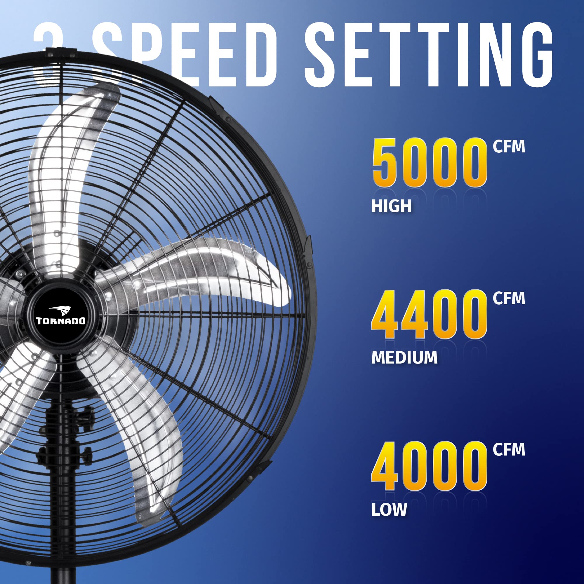 Tornado - 20 Inch High Velocity Metal Oscillating Pedestal Fan - Commercial, Industrial Use - 3 Speed - 5000 CFM – 1/6 HP – 6.6 FT Cord - UL Safety Listed