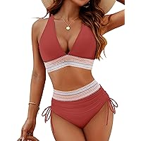 Women High Waisted Bikini Sets Tummy Control Swimsuits Color Block Two Piece Drawstring Bathing Suit