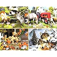 4 500 Piece Puzzles: Poolside Pets, Meadow Farm, Autumn on The Porch, Wolf Harmony