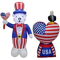 Two Patriotic Party Decorations Bundle, Includes 6 Foot Tall 4th of July Inflatable American Uncle Sam Polar Bear with Love Heart Flag, and 5 Foot Tall Love Heart with American Flag and Bald Eagle