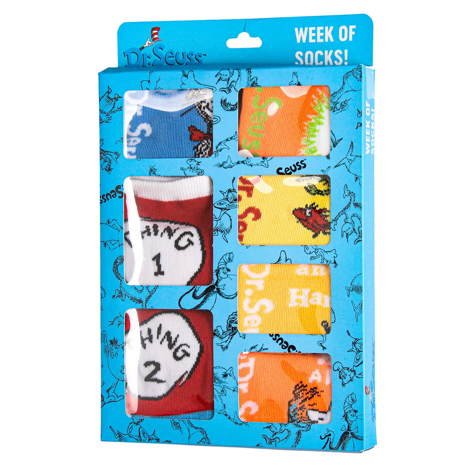 Dr. Seuss Book Titles and Characters Kids Week Of Socks Box Set Crew and Ankle Mix And Match 7 Pairs