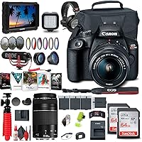 Canon EOS Rebel T100 / 4000D DSLR Camera with 18-55mm Lens + Canon EF 75-300mm Lens + 4K Monitor + Mic + Headphones + 2 x 64GB Memory Card + Color Filter Kit + Case + More (Renewed)