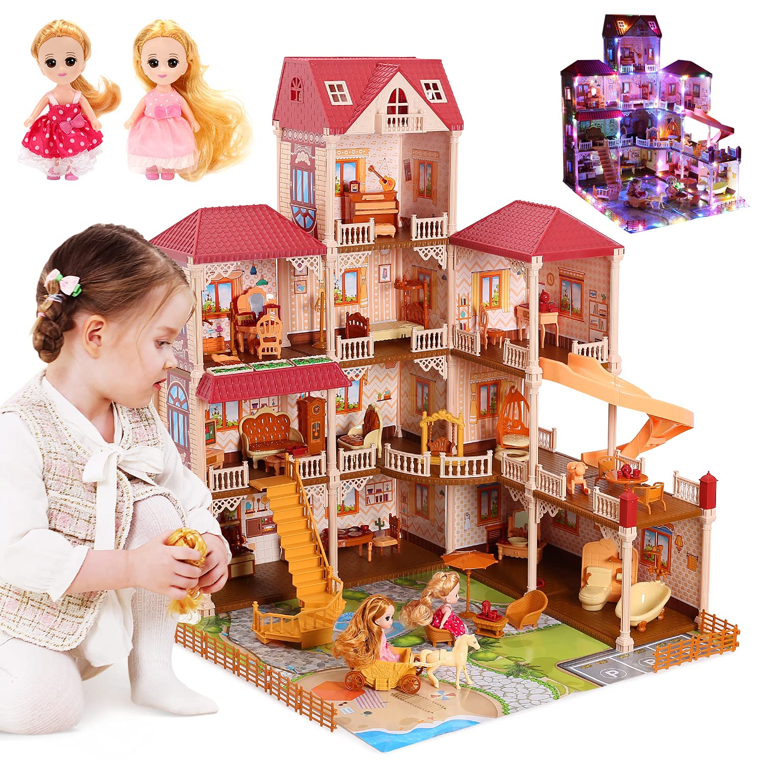 CUTE STONE 11 Rooms Huge Dollhouse with 2 Dolls and Colorful Light, 34