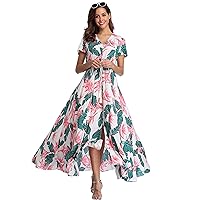 Ferrendo Women's Floral Maxi Dress Button Up Split Flowy Bohemian Party Beach Dresses
