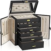 Huge Jewelry Box Organizer Functional Extra Large Leather Jewelry Storage Case for Women Girls Ring Necklace Earring Bracelet Holder Organizer with Mirror Black