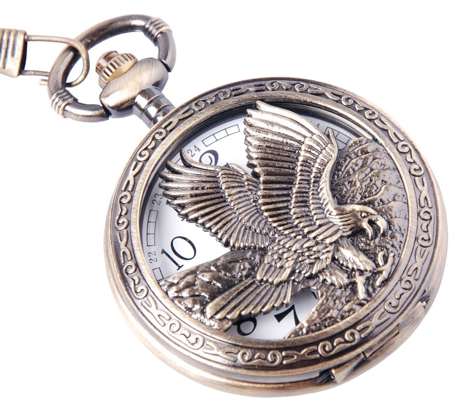 ShoppeWatch Eagle Pocket Watch with Chain | Vintage Pocket Watch Quartz Movement | Half Hunter Arabic Numerals Pocketwatch PW-65