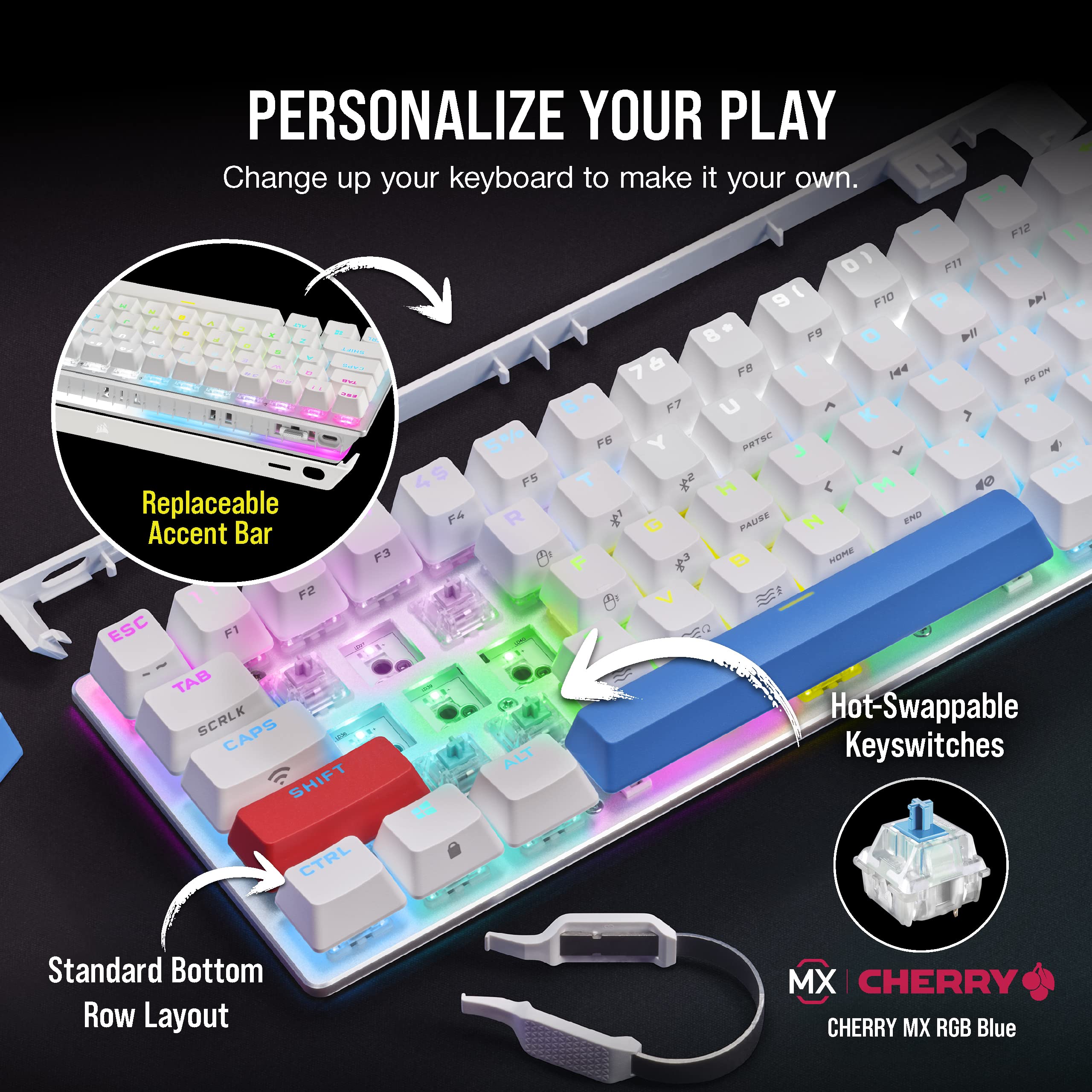 Corsair K70 PRO Mini Wireless RGB 60% Mechanical Gaming Keyboard - Fastest Sub-1ms Wireless, Swappable Cherry MX Blue Keyswitches, Aluminum Frame, PBT Double-Shot Keycaps - NA Layout, QWERTY - White