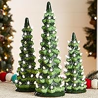 Best Choice Products Set of 3 Ceramic Christmas Trees, Pre-Lit Hand-Painted Tabletop Holiday Decoration w/Warm White Decorative Bulbs, Battery-Operated LED Lights – Green