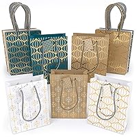 Arteza Gift Bags, 9.5 x7 x 3.4 Inches, Set of 15 with an Assortment of 2 Unique Metallic Foil Designs on 6 Kraft, 6 White, and 3 Blue Paper Bags, 3 of Each Style