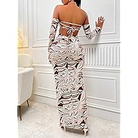 Women's Dresses Marble Print Off Shoulder Lace Up Backless Dress Dress for Women (Color : Multicolor, Size : Small)