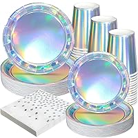 200 Pcs Party Disposable Paper Plates Cups Dinnerware Set Supplies Includes 100 Plates 50 Cups 50 Napkins Party Tableware Set for Theme Birthday Wedding Party (Iridescent)