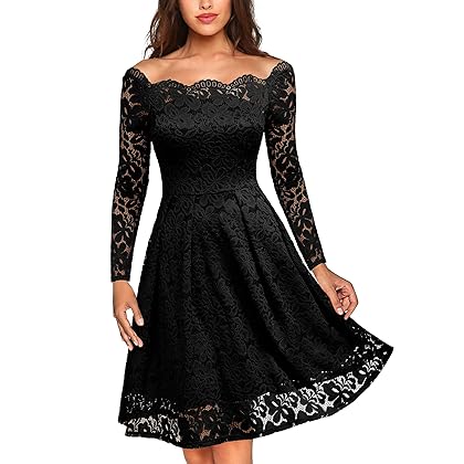 MISSMAY Women's Vintage Floral Lace Long Sleeve Boat Neck Cocktail Party Swing Dress
