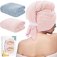 Large 2 Packs Microfiber Hair Towel Wrap for Women, Anti Frizz Hair Drying Towel with Elastic Strap, Fast Drying Hair Turbans for Wet Hair, Long, Thick, Curly Hair, Super Soft Hair Wrap Towels