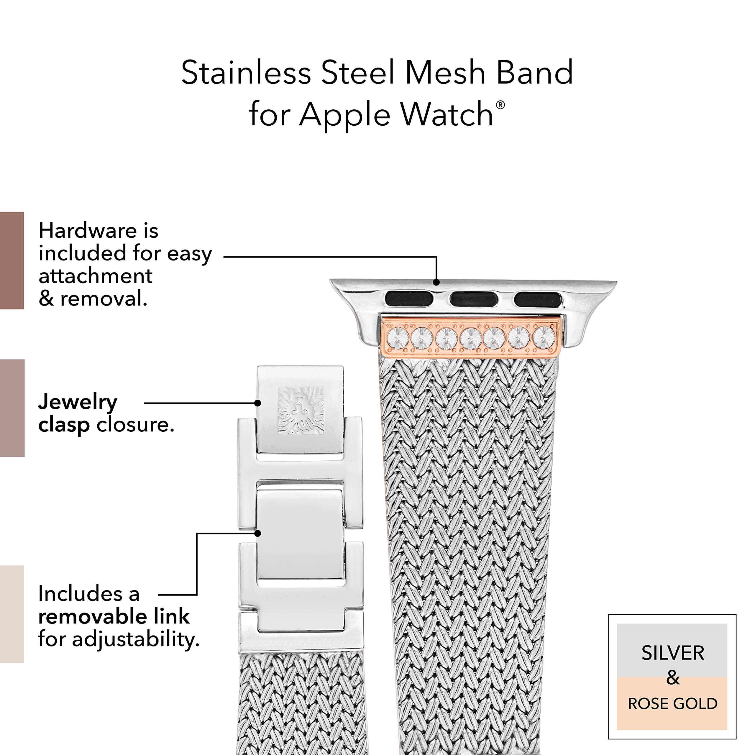 Anne Klein Mesh Fashion Band for Apple Watch, Secure, Adjustable, Apple Watch Replacement Band, Fits Most Wrists