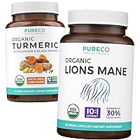 Turmeric & Lions Mane (1-Month Supply) Spice & Cherry Bundle of Organic Turmeric Curcumin with Black Pepper and Ginger (60 Caps) & Orgainc Lions Mane Mushroom - 10:1 Extract (60 Caps) - Vegan