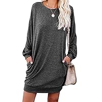 PrinStory Women's Long Sleeves Dresses Causal Loose Round-Neck Tuinc Tops Basic Dress with Side Pockets US XX-Large Dark Gray