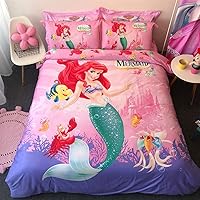 100% Cotton Kids Bedding Set Girls Mermaid Ariel Duvet Cover and Pillow Cases and Fitted Sheet,4 Pieces,Queen