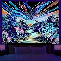 Dermijer Blacklight Forest Mountain Tapestry Sun Tapestry UV Reactive Retro Landscape Wall Tapestry Black Light Watercolor Flower Trees Wall Art Tapestry Wall Hanging for Home Decor W78.7×H59.1