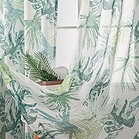 VISIONTEX Sheer Curtains Printed, Decor Hawaiian Style Green Tropical Palm Leaves Plant Pattern Faux Linen Rod Pocket Window Drapes for Living Room and Bedroom 54 x 63 Inch, Set of 2 Panels