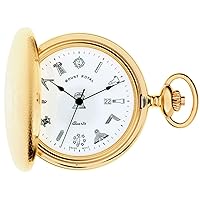 Pocket Watch Gold Plated Full Hunter Masonic with Date Milled Lid - Chain