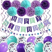 Mermaid Birthday Decorations for Girls Women, 29pcs Birthday Party Supplies Including Pom Poms Flowers Happy Birthday Banner Dots Garland Hanging Swirls and Balloons Purple Teal Confetti