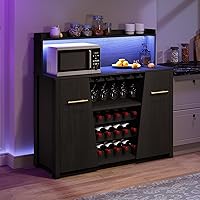 DWVO Bar Cabinet with LED Lights, 47'' Sideboard Buffet Coffee Bar Cabinet with Wine Rack and Glass Holder, Liquor Cabinet with Adjustable Shelf for Living Room, Kitchen, Dining Room, Black