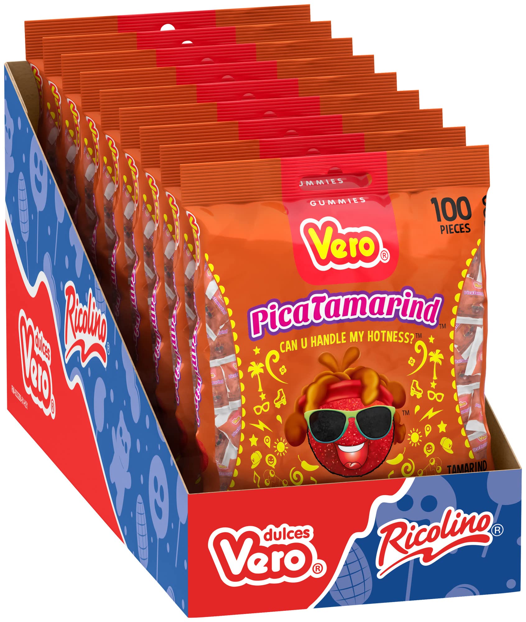 Vero PicaTamarind Tamarind Artificially Flavored Gummy Coated with Chili and Sugar, 8 Bags, 100 Count Each, Net Weight of 10 Pounds 8 Ounces