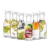 Party Bargains 50 oz. Plastic Carafe with Lids - Clear, 6 Count, White Flip Tab Lid Premium Quality & Heavy Duty Plastic Pitcher for Iced Tea, Powdered Juice, Cold Beverages, Mimosa Bar