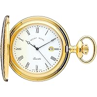 Gold Plated Pocket Watch Ornate Hunter Roman Numerals with Date - Albert Chain
