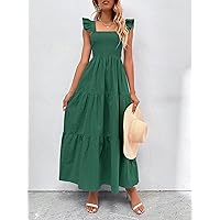 Women's Dress Dresses for Women Shirred Bodice Ruffle Hem Dress Dresses for Women (Color : Dark Green, Size : Large)