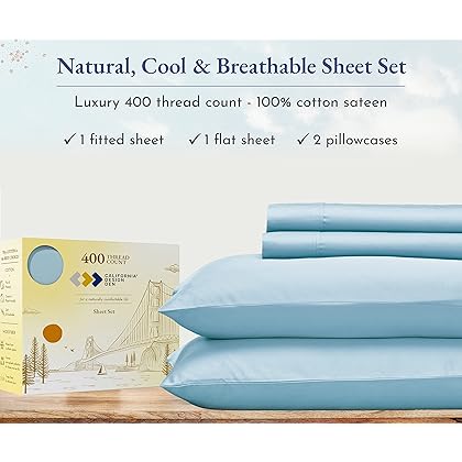 California Design Den 400 Thread Count 100% Cotton Sheets, King Size Sheet Set, 4 Pc, Luxury Sheets & Pillowcases, Breathable Bedding for King Bed, Sateen, King Bed Sheets, Deep Pockets (Sky Blue)