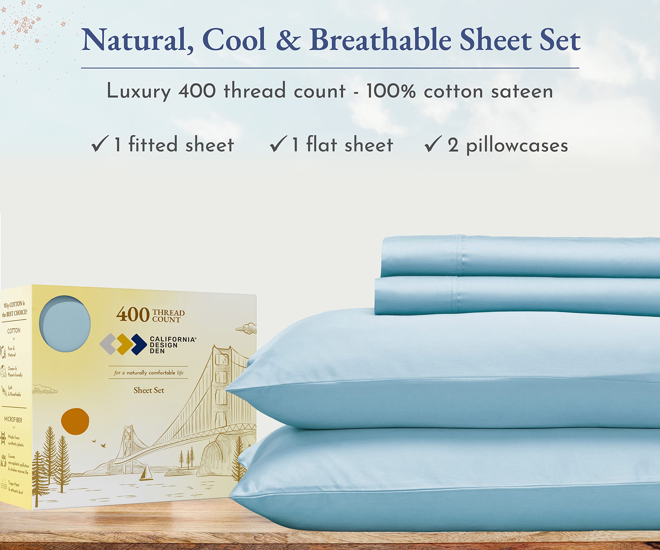 California Design Den 400 Thread Count 100% Cotton Sheets, King Size Sheet Set, 4 Pc, Luxury Sheets & Pillowcases, Breathable Bedding for King Bed, Sateen, King Bed Sheets, Deep Pockets (Sky Blue)