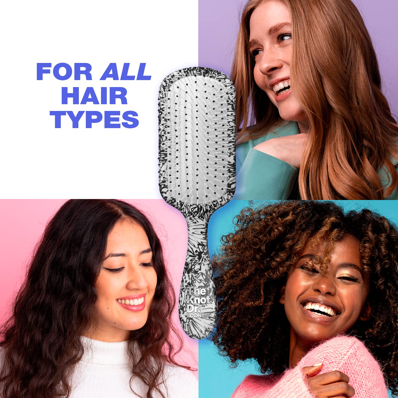The Knot Dr. for Conair Hair Brush, Wet and Dry Detangler, Removes Knots and Tangles, For All Hair Types, Black / White Floral