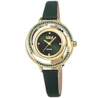 Burgi Colored Swarovski Crystals Women's Watch - Slim Genuine Leather Strap - Three Hand Movement with 4 Diamond Markers - Floating Enamel Dial - Round Analog Quartz - BUR261