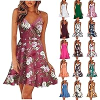 Tunic Dress, Summer 2024 Spring Floral V Neck Spaghetti Casual Beach Outfits Clothes Flowy Wrap Dress Wedding Guest for Women Long Sexy Dresses Formal Dresses Midi Dress (L, Hot Pink)