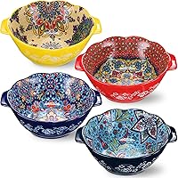 4 Pack Ceramic Soup Bowls 40 oz Large Porcelain Serving Bowl Set with Double Handle Multicolor Pasta Bowls Soup Crocks for French Onion Soup Cereal Stew Chill Pot Pies, Microwave and Oven Safe