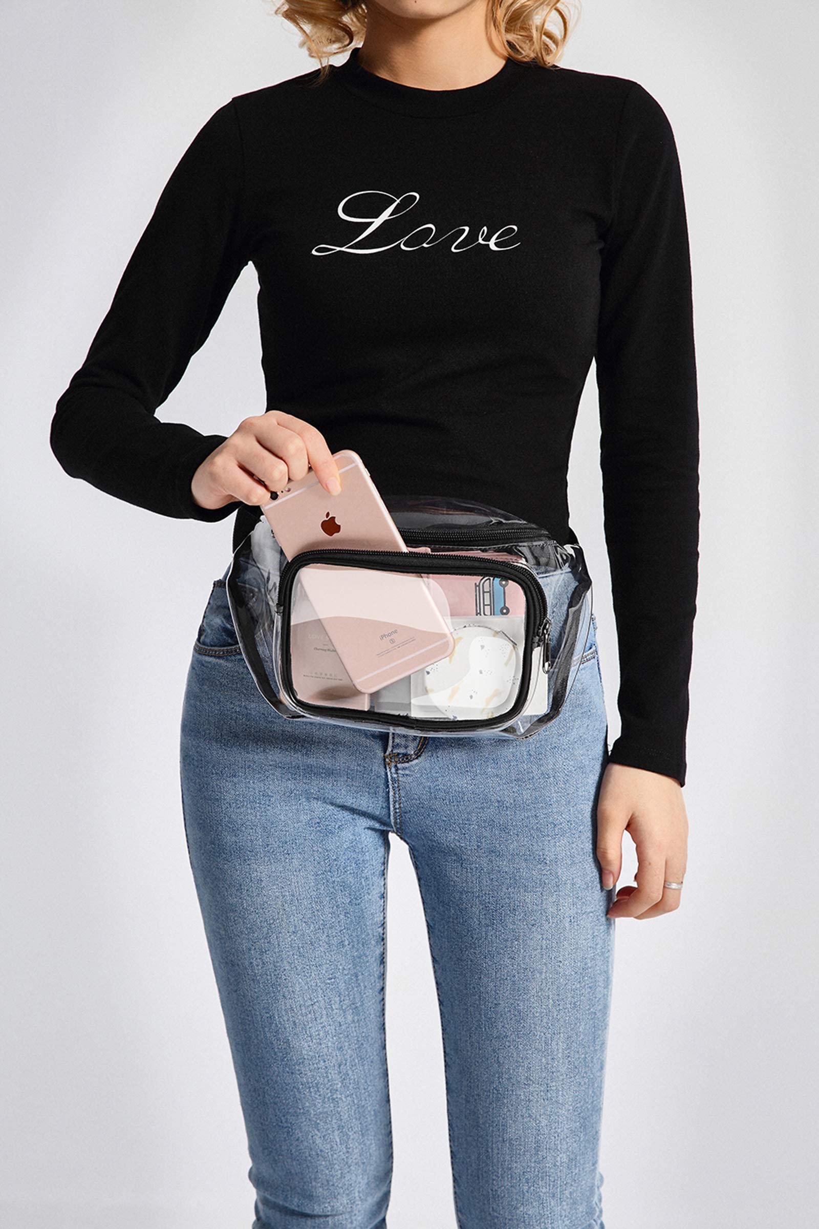 Clear Fanny Pack Stadium Approved - Veckle Fanny Packs for Women Men Water-resistant Cute Waist Bag Clear Purse Transparent Adjustable Belt Bag for Sports, Travel, Beach, Events, Concerts Bag, Black