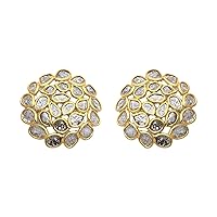 2.20 ctw natural uncut diamond polki slice handmade round shape floral stud earrings - 925 sterling silver – 14K Gold Vermeil