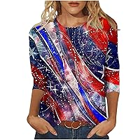 American Flag Patriotic T Shirts Women's Summer Casual 3/4 Sleeve Holiday Tops 4th of July Crew Neck Fashion Tees